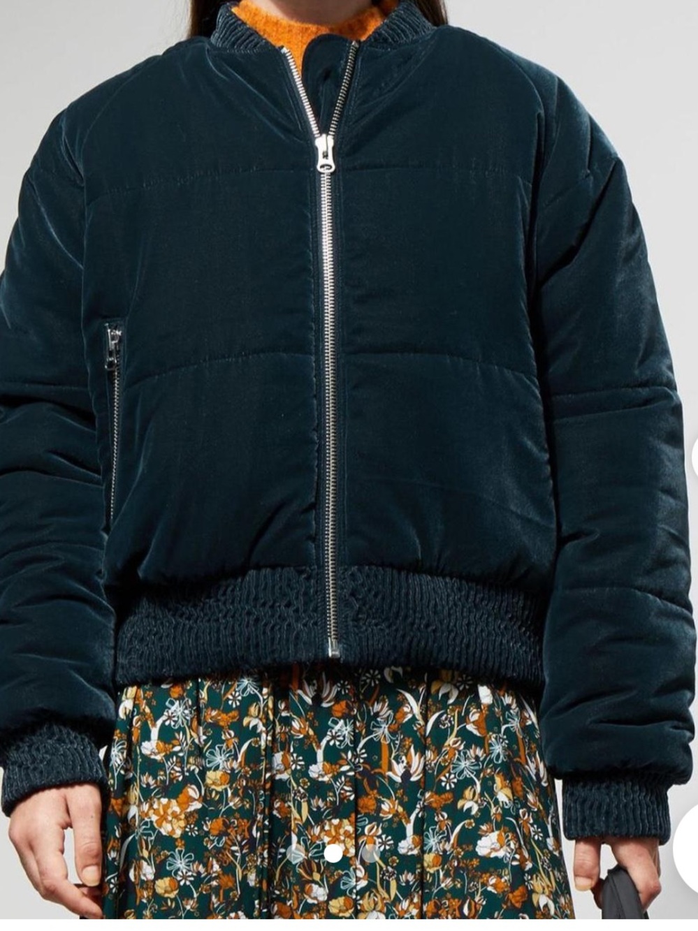 Weekday Conga Navy Blue Velvet Puffer Bomber Jacket - Size Small